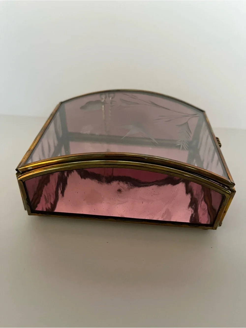 Vintage Brass Trinket Jewelry Box Etched Floral Purple Glass Curved Lid Romantic